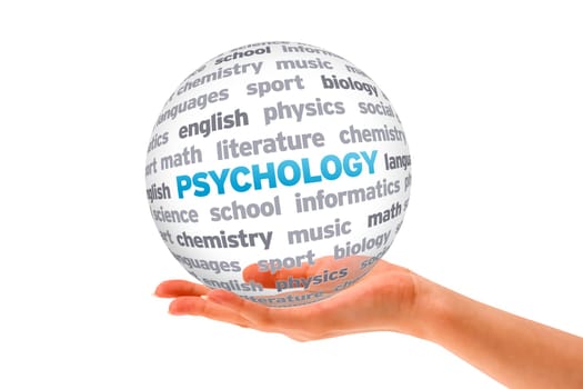 Hand holding a Psychology Word Sphere on white background.