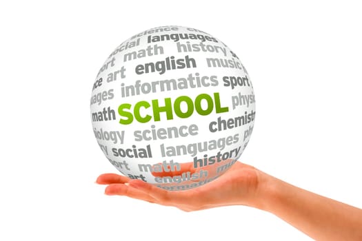 Hand holding a School Word Sphere on white background.
