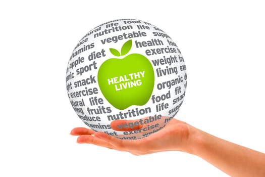 Hand holding a Healthy Lifestyle Sphere on white background.