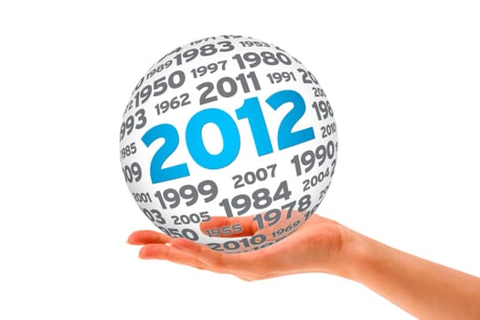 Hand holding a 2012 Sphere on white background.