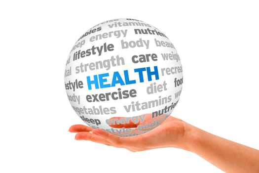 Hand holding a Health Word Sphere on white background.