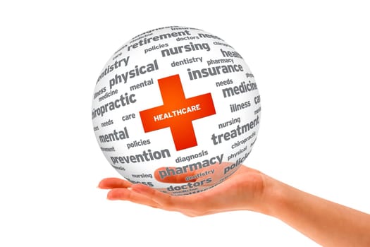 Hand holding a Health Care 3D sphere.