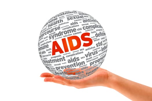 Hand holding a Aids 3D Sphere on white background.