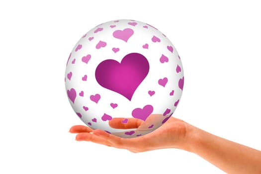 Hand holding a Love 3D Sphere with hearts on white background.