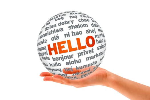 Hand holding a Hello 3D Sphere sign on white background.