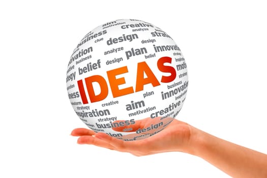 Hand holding a Ideas 3D Sphere sign on cloud background.