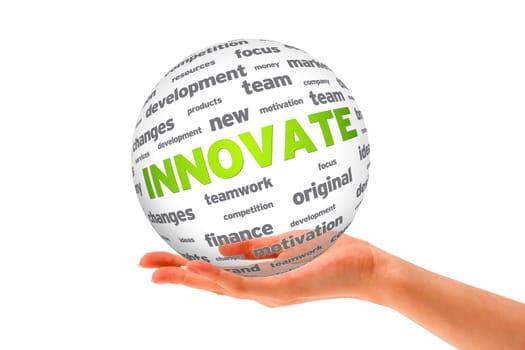 Hand holding a Innovate 3D Sphere sign on white background.