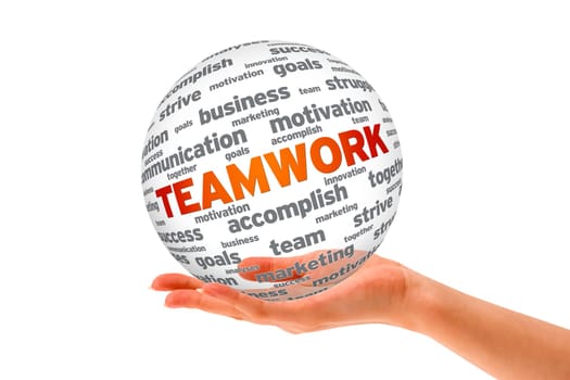Hand holding a Teamwork 3D Sphere on white background.