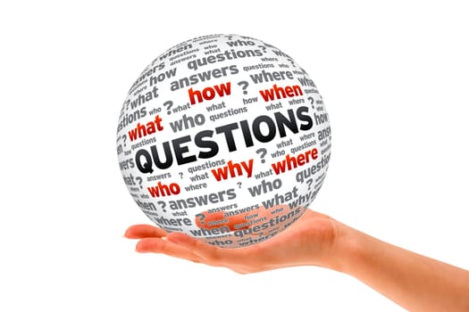 Hand holding a Questions 3D Sphere sign on white background.