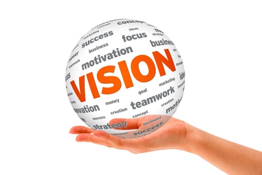 Hand holding a Vision 3D Sphere sign on white background.