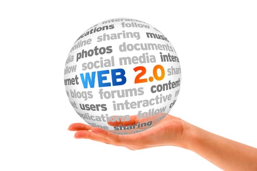Hand holding a Web 2.0 Word Sphere on white background.