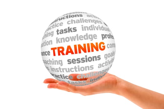 Hand holding a Training Word Sphere on white background.