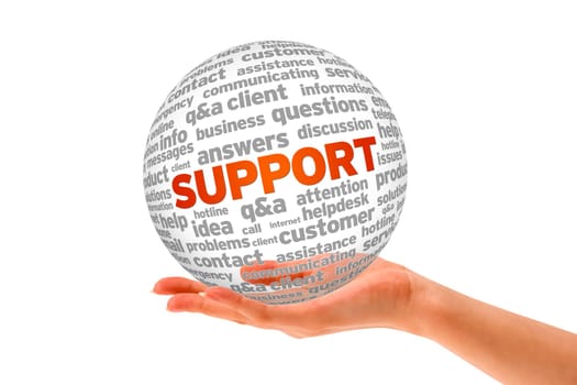 Hand holding a 3d Support Sphere on white background.
