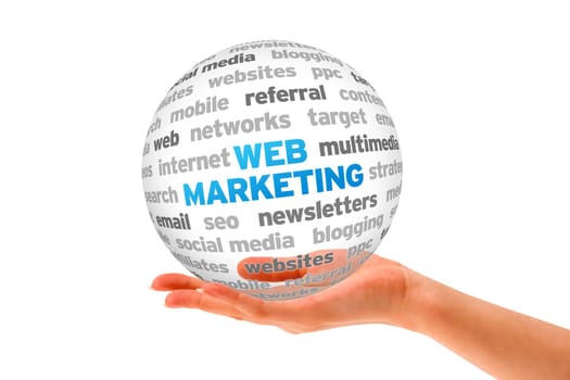 Hand holding a Web Marketing Word Sphere on white background.