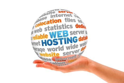 Hand holding a Web Hosting Word Sphere on white background.