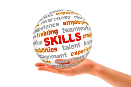 Hand holding a Skills Word Sphere on white background.