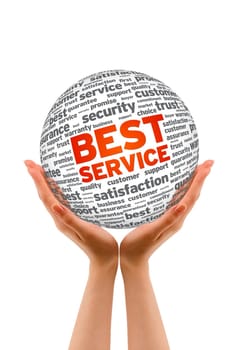 Hands holding a Best Service Sphere on white background.