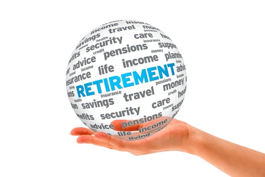 Hand holding a Retirement 3D Sphere on white background.