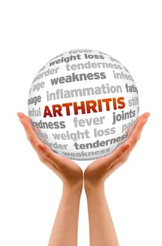 Hands holding a Arthritis Word Sphere sign on white background.