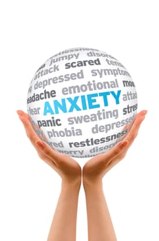 Hands holding a Anxiety Word Sphere sign on white background.