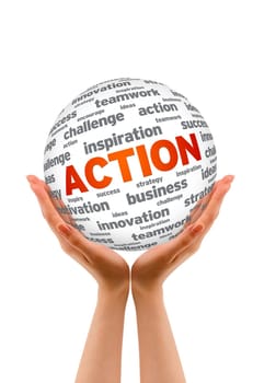 Hands holding a 3d Action Sphere sign on white background.