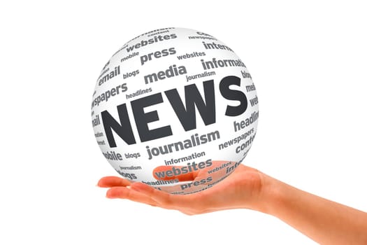 Hand holding a News 3D Sphere on white background.