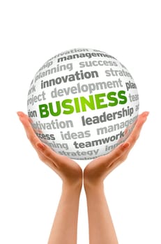 Hands holding a Business word Sphere sign on white background.