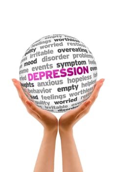 Hands holding a Depression Sphere sign on white background.