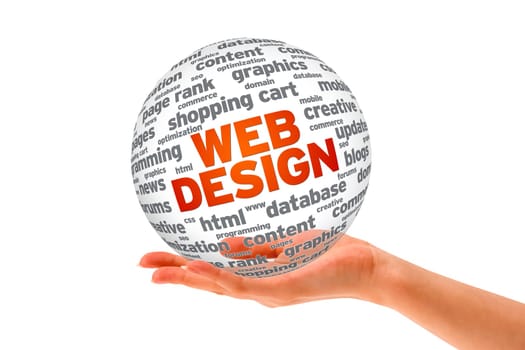 Hand holding a  Web Design 3D Sphere on white background.