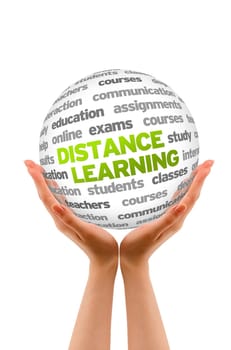 Hands holding a Distance Learning Word Sphere on white background.