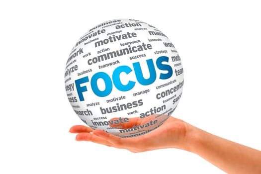 Hand holding a  Focus 3D Sphere sign on white background.