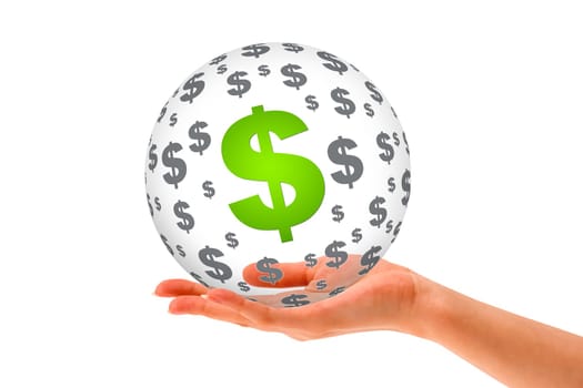 Hand holding a Dollar 3D Sphere sign on white background.