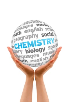 Hands holding a Chemistry Word Sphere on white background.