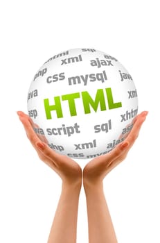 Hands holding a Hyper Text Markup Language word Sphere on white background.