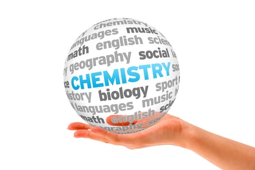 Hand holding a Chemistry Word Sphere on white background.