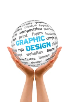 Hands holding a Graphic Design Word Sphere sign on white background.