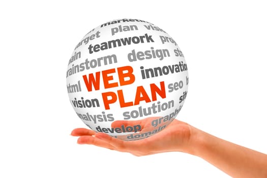 Hand holding a 3d Web Plan Sphere on white background.