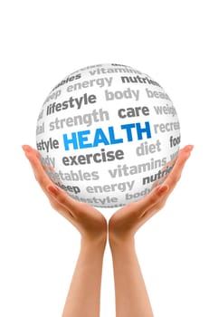 Hands holding a Health Word Sphere on white background.