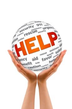 Hands holding a Help Sphere sign on white background.