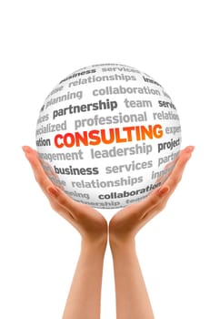 Hands holding a Consulting Word Sphere on white background.