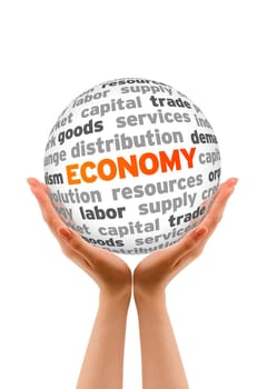 Hands holding a Economy Sphere sign on white background.