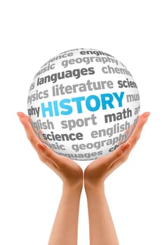 Hands holding a History words Sphere sign on white background.