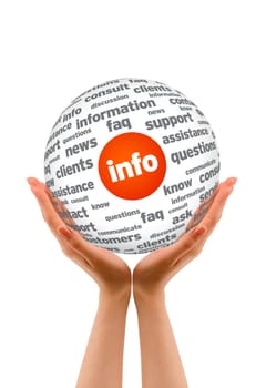 Hands holding a Info Sphere sign on white background.