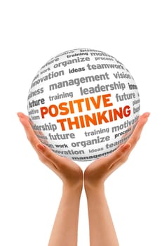 Hands holding a Positive Thinking Word Sphere sign on white background.