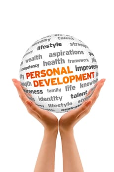 Hands holding a Personal Development Word Sphere sign on white background.