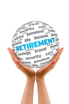 Hands holding a Retirement 3D Sphere on white background.