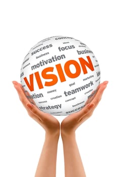 Hands holding a Vision Sphere sign on white background.