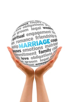 Hands holding a Marriage Word Sphere sign on white background.