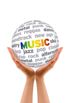 Hands holding a Music Word Sphere on white background.