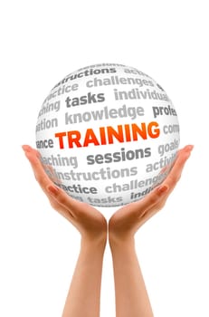 Hands holding a Training Sphere sign on white background.